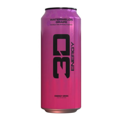 Pink energy drink can with '3D Energy' branding on a white background