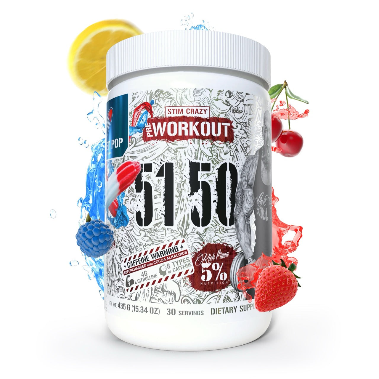 5150-RP-FRONT-SPLASH_Large_e99adedd-2c21-41c6-a80c-8bf364d5df2b 5150 Pre-Workout by 5% Nutrition featuring a vibrant design with berries and water splashes, showcasing the product's focus on energy and intensity.