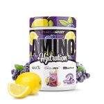 MuscleSport Amino + Hydration supplement container with lemons and grapes on a white background