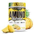 MuscleSport Amino + Hydration supplement container with pineapple slices on a white background