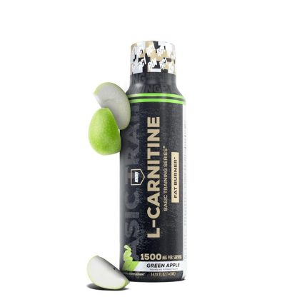Supplement bottle labeled 'L-Carnitine' with green apple slices on a white background