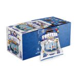 A packaged MuscleSport Protein Whoopie with visible chocolate layers and white cream, presented in a blue box with product information and branding.