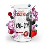 5% Nutrition Kill It Pre-Workout surrounded by colorful fruit splashes, emphasizing its fruity flavors and energizing effects.