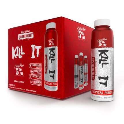 5% Kill It RTD pre-workout drink packaging featuring Tropical Punch flavor and highlighting energy and muscle benefits.