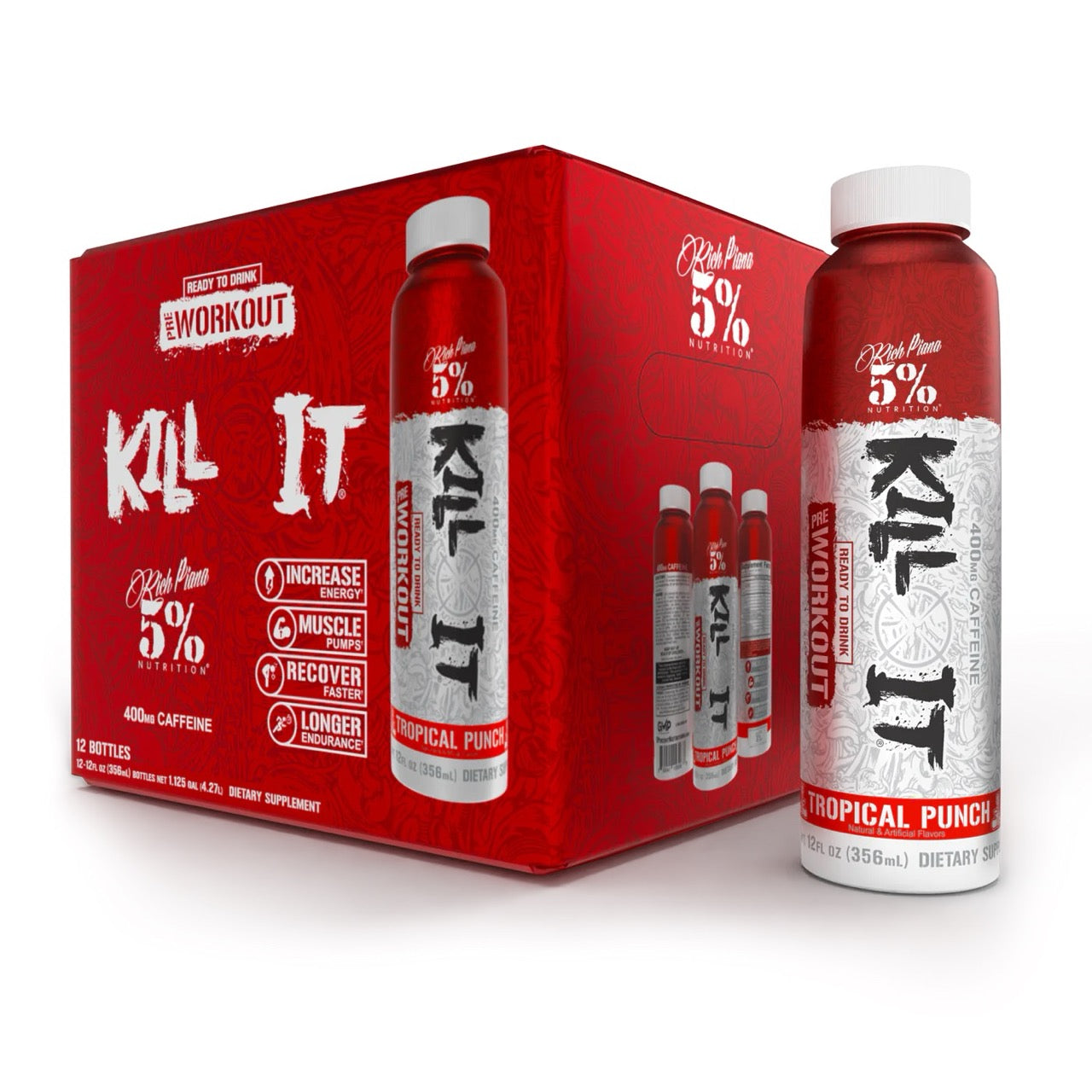 KillItRTD_Case_TropicalPunch_042824_WEBLarge 5% Kill It RTD pre-workout drink packaging featuring Tropical Punch flavor and highlighting energy and muscle benefits.