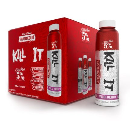 5% Kill It RTD pre-workout drink packaging in Wild Berry flavor highlighting energizing features.