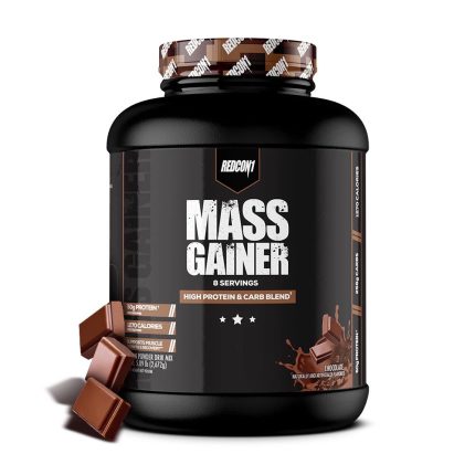Mass gainer supplement container with chocolate flavor on a white background
