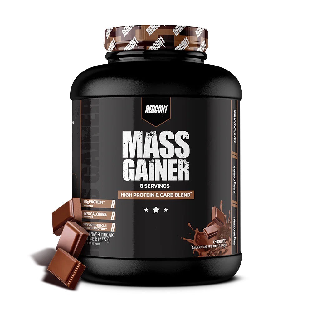 MG_CHOCOLATE_8SERV_FLVLarge Mass gainer supplement container with chocolate flavor on a white background