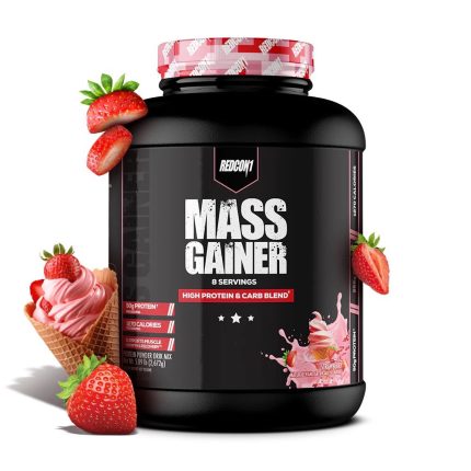 Mass gainer supplement container with strawberries and ice cream cone on a white background