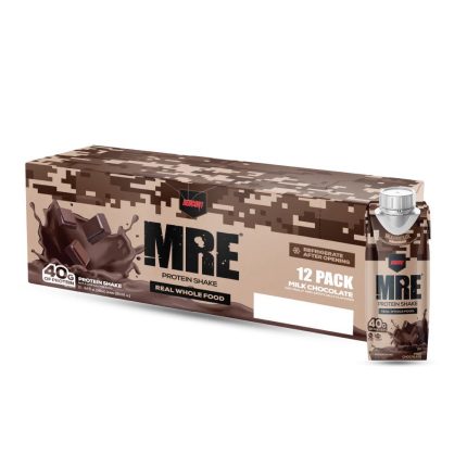 Box of MRE Protein Shakes with a single shake container on a white background
