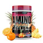 MuscleSport Amino + Hydration supplement container with fruits on a white background