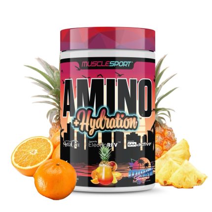 MuscleSport Amino + Hydration supplement container with fruits on a white background