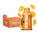 Total War pre-workout supplement bottle with packaging and orange slices on a white background