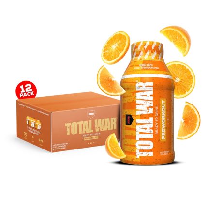 Total War pre-workout supplement bottle with packaging and orange slices on a white background