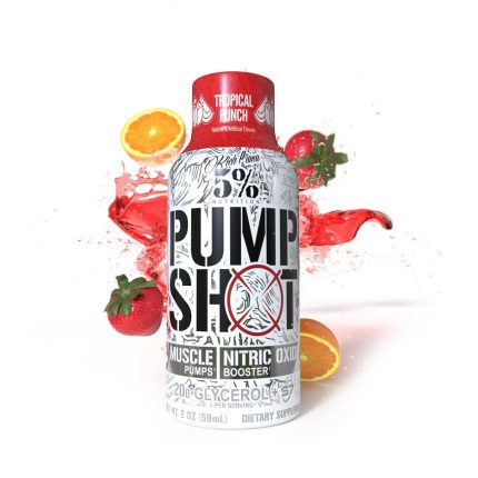 5% Nutrition Pump Shot Tropical Punch flavor in a vibrant design, surrounded by splashes of red liquid and fresh strawberries.