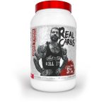 Container of 'Real Carbs' supplement with a red lid on a white background