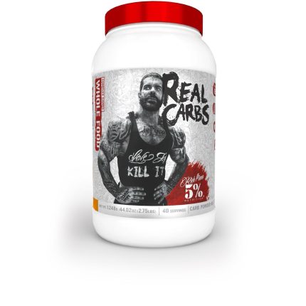 Container of Real Carbs supplement with a red lid on a white background