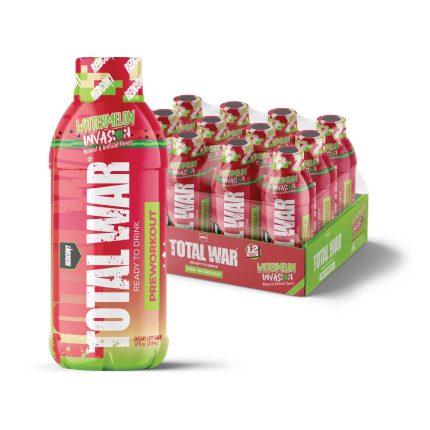Red bottles of Total War pre-workout supplement with packaging on a white background