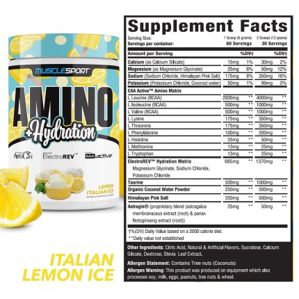 MuscleSport Amino + Hydration supplement container with label and ingredients list.