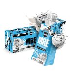 MRE protein shake packaging with a blue and white design on a white background