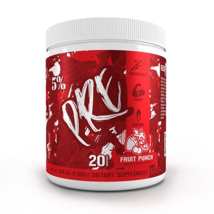 Code Red Pre Workout container in Fruit Punch flavor, featuring a bold red packaging design and branding from 5% Nutrition as a dietary supplement.