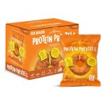 Box and single package of Protein Pretzels with orange packaging and visible branding.