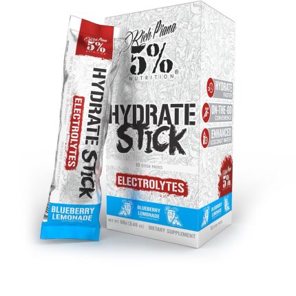 5% Nutrition Hydration Sticks Blueberry Lemonade flavor packaging with electrolytes for hydration.